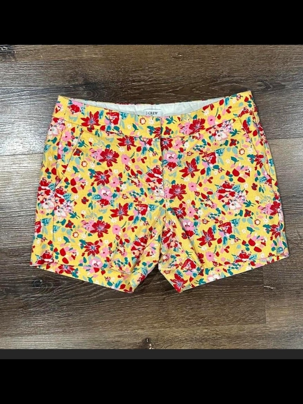 J. Crew Yellow Floral High Waist Shorts with Red & Pink Blooms